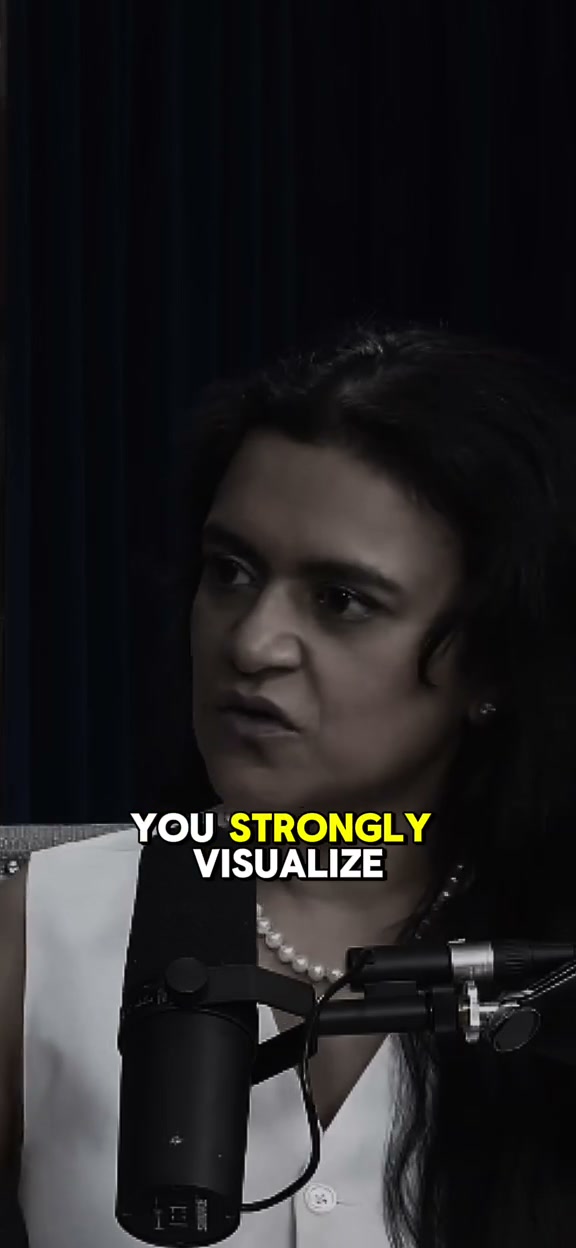 Podcast guest speaking into a studio microphone with the caption You strongly visualize